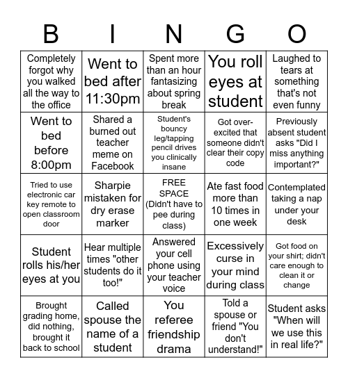 Teacher Bingo Heading Into the Feb-March-April Vortex Bingo Card