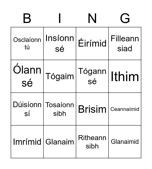 Briathra san Aimsir Láithreach Bingo Card