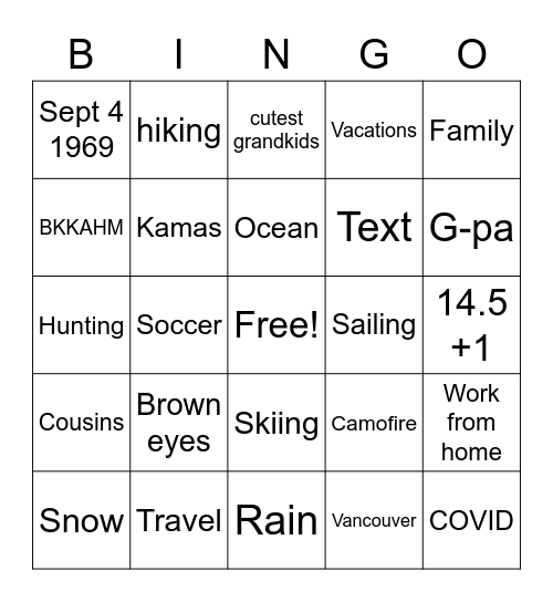 Family Fun Bingo Card