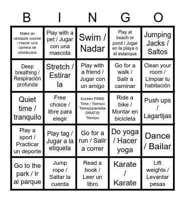 Let's Move! Bingo Card