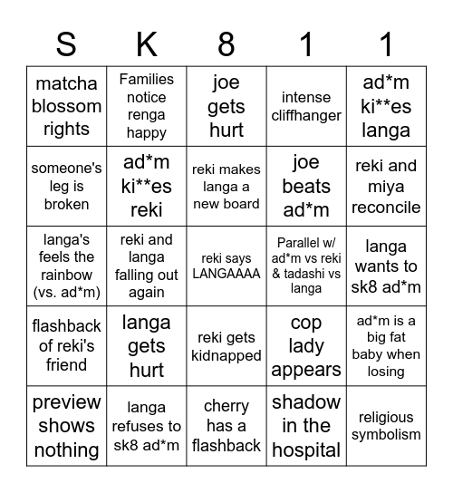 SK8 Ep 11 Bingo Card