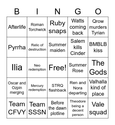 rwby vol 9 Bingo Card