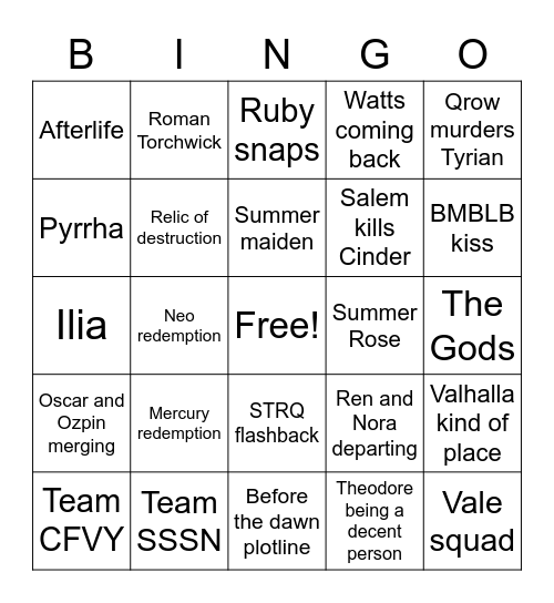 rwby vol 9 Bingo Card