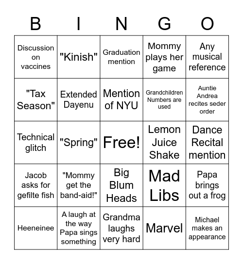 Passover Bingo Card