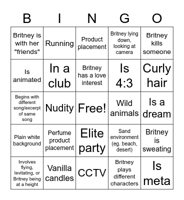 Britney Spears Music Video Bingo Card