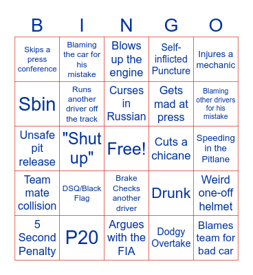 Nikita Mazepin Bingo Card