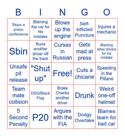 Nikita Mazepin Bingo Card