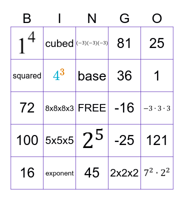 Intro to Exponents BINGO Card