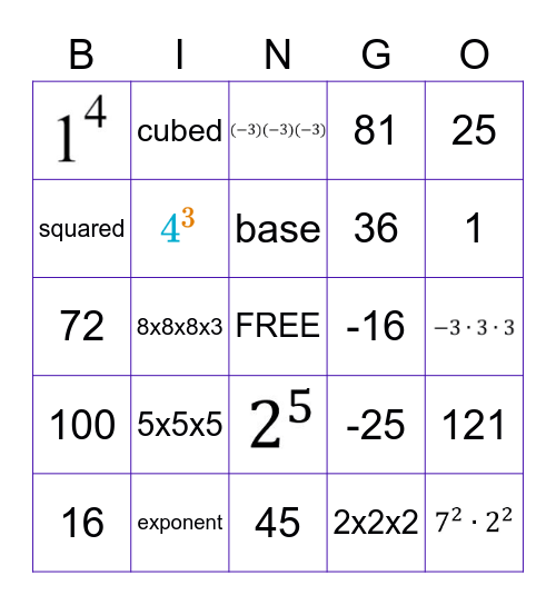Intro to Exponents BINGO Card