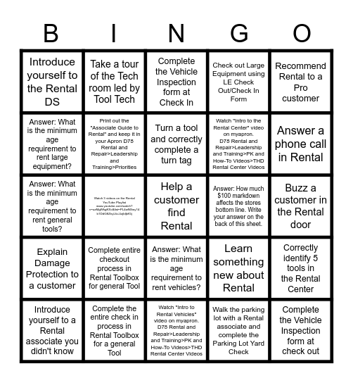 Tool Rental Bingo Card