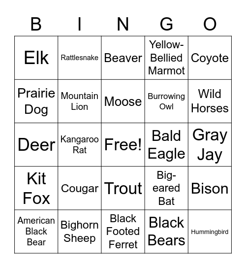 Animals of Colorado Bingo Card