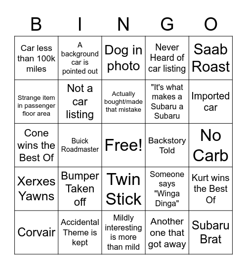 Ran When Parked Bingo Card