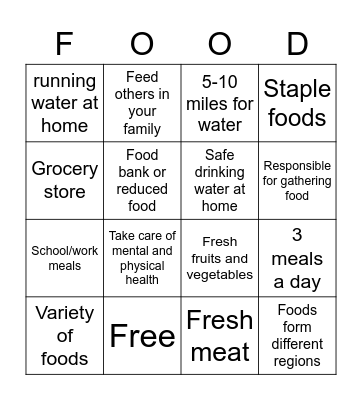Access to Food and Water Bingo Card