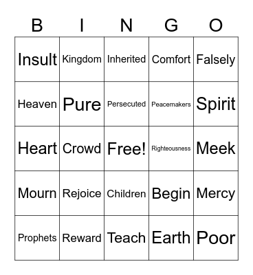 Beautitudes Bingo Card