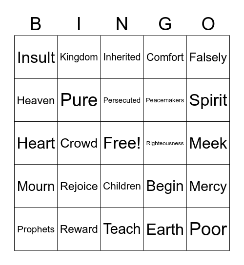 Beautitudes Bingo Card