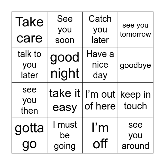 Ways to say goodbye Bingo Card