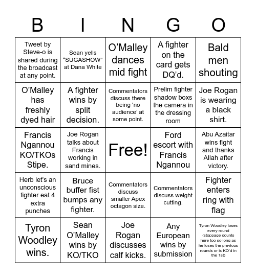 UFC260 BINGO Card