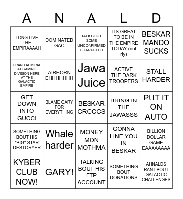 Ahnald Bingo Card