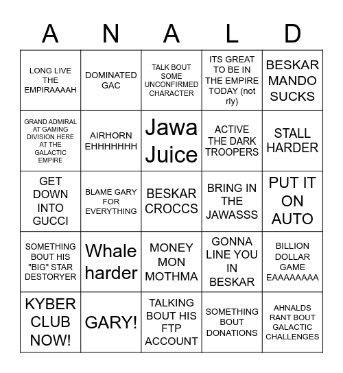 Ahnald Bingo Card