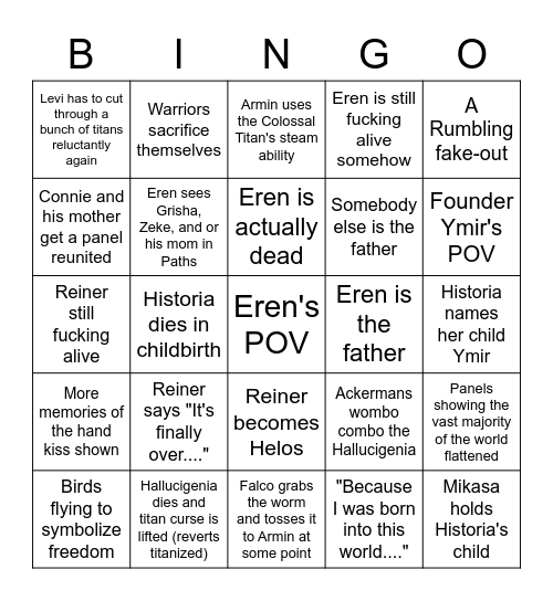 Attack on Titan 139 Bingo Card