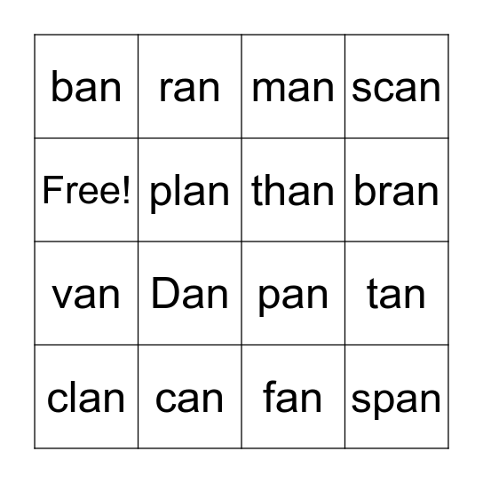 -an Word Family Bingo Card