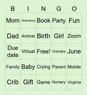 Myra and Richard Baby Shower Bingo Card