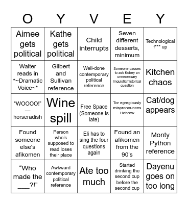 Shwayder Passover Bingo Card