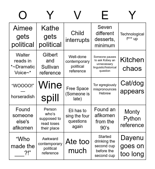 Shwayder Passover Bingo Card