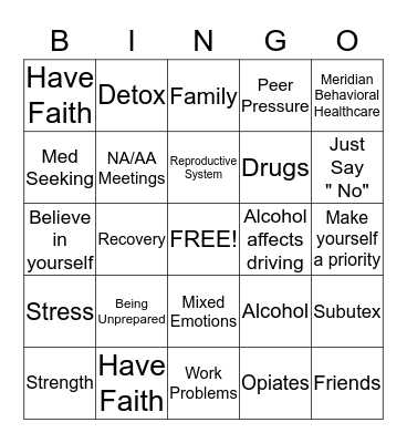 Substance Abuse Bingo Card