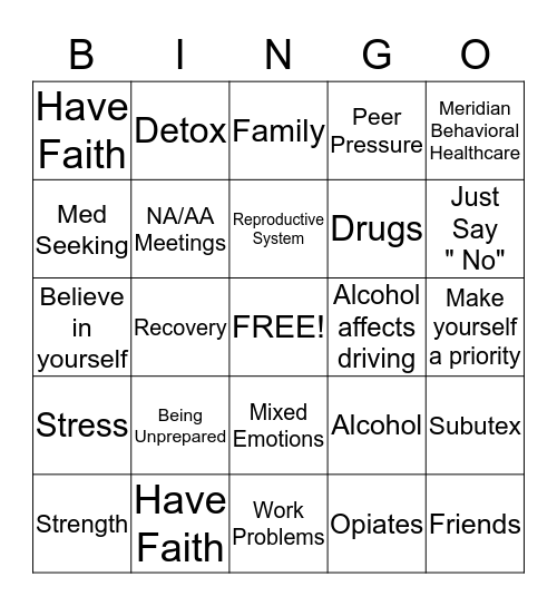 Substance Abuse Bingo Card