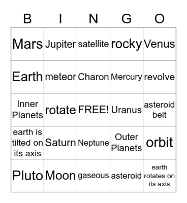 SOLAR  SYSTEM BINGO Card