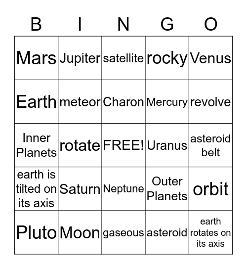SOLAR  SYSTEM BINGO Card