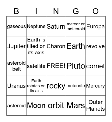 SOLAR SYSTEM BINGO Card