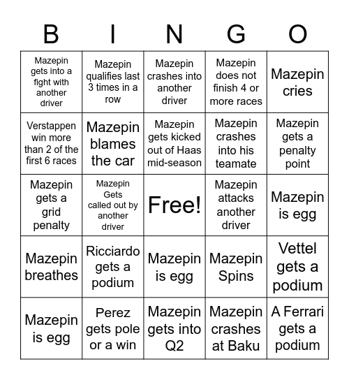 Mazepin Bingo Card