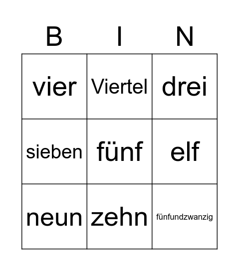 Numbers and words needed to tell time in German Bingo Card