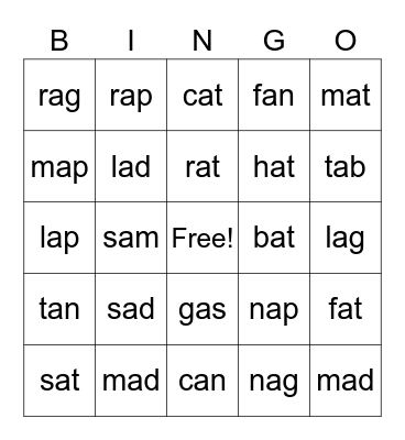 Phonics Bingo Short a Bingo Card