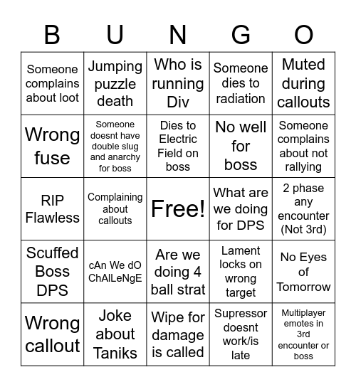 BINGO BANGO BUNGO Bingo Card