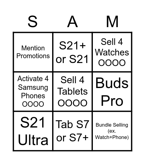 Samsung Bingo Card