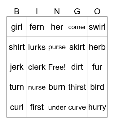 ER,IR,UR Words Bingo Card