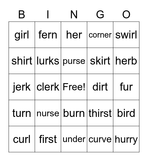 ER,IR,UR Words Bingo Card