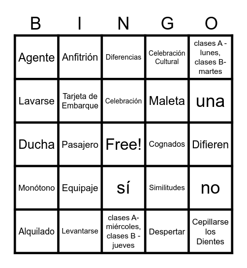 Repaso del Vocabulario Bingo Card