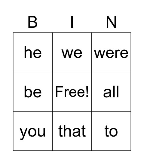 Tricky Word Bingo Card