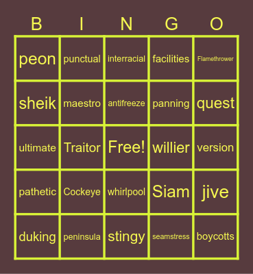 Vocab Word Bingo Card