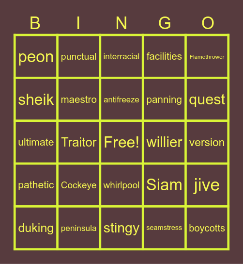 Vocab Word Bingo Card