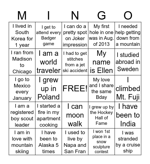 MINGLIN BINGO Card