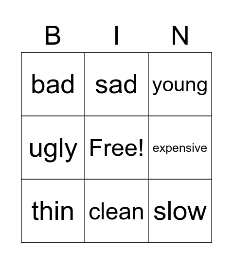 Opposites Bingo Card