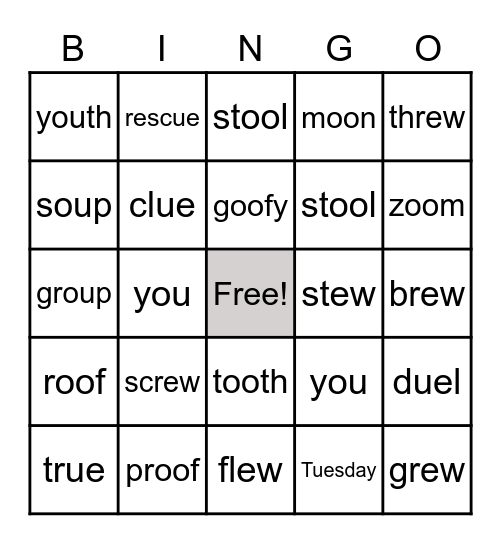 Vowel Teams - oo, ou, ew, ue Bingo Card