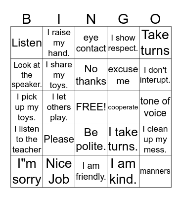 Good Manners Bingo Card