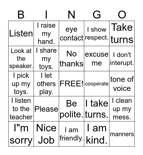 Good Manners Bingo Card