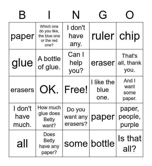 VanThink English 2B Lesson 24 Bingo Card